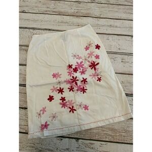 Ann Taylor White Cotton Floral Embroidered Beaded Hem Midi Skirt Womens Size 10